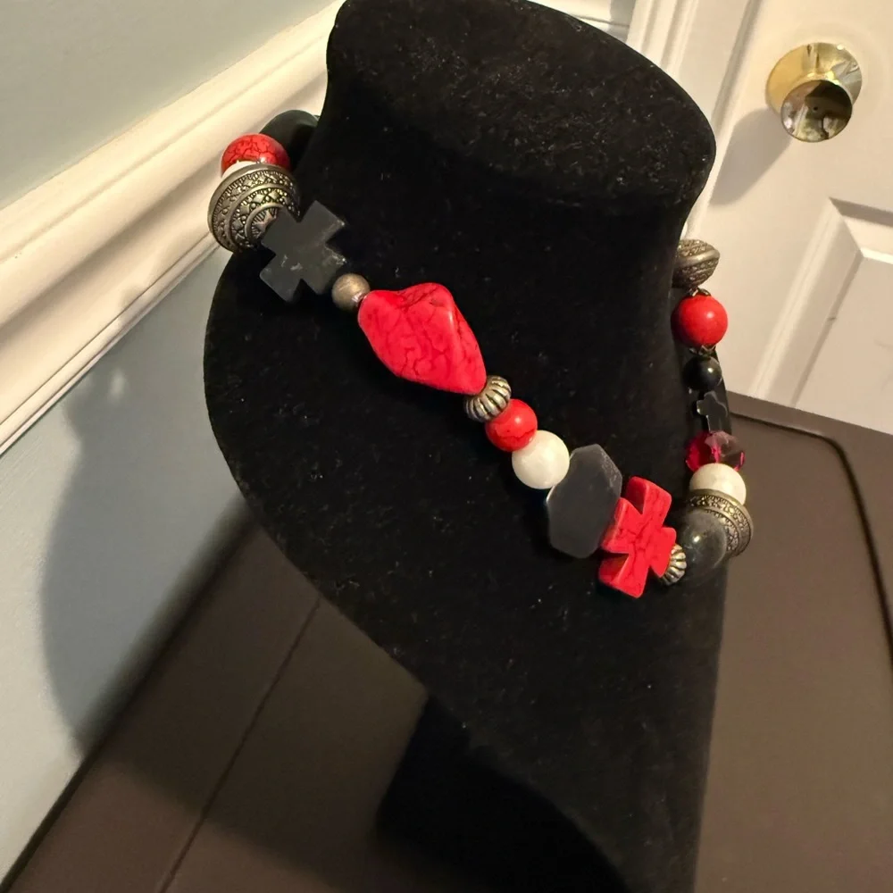handmade bohemian-style red, black, and silver stone and metal beaded necklace